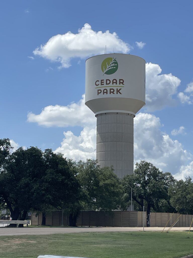 Cedar Park Water tower looking over the town of Cedar Park, a service area of Alpha Team Roofing